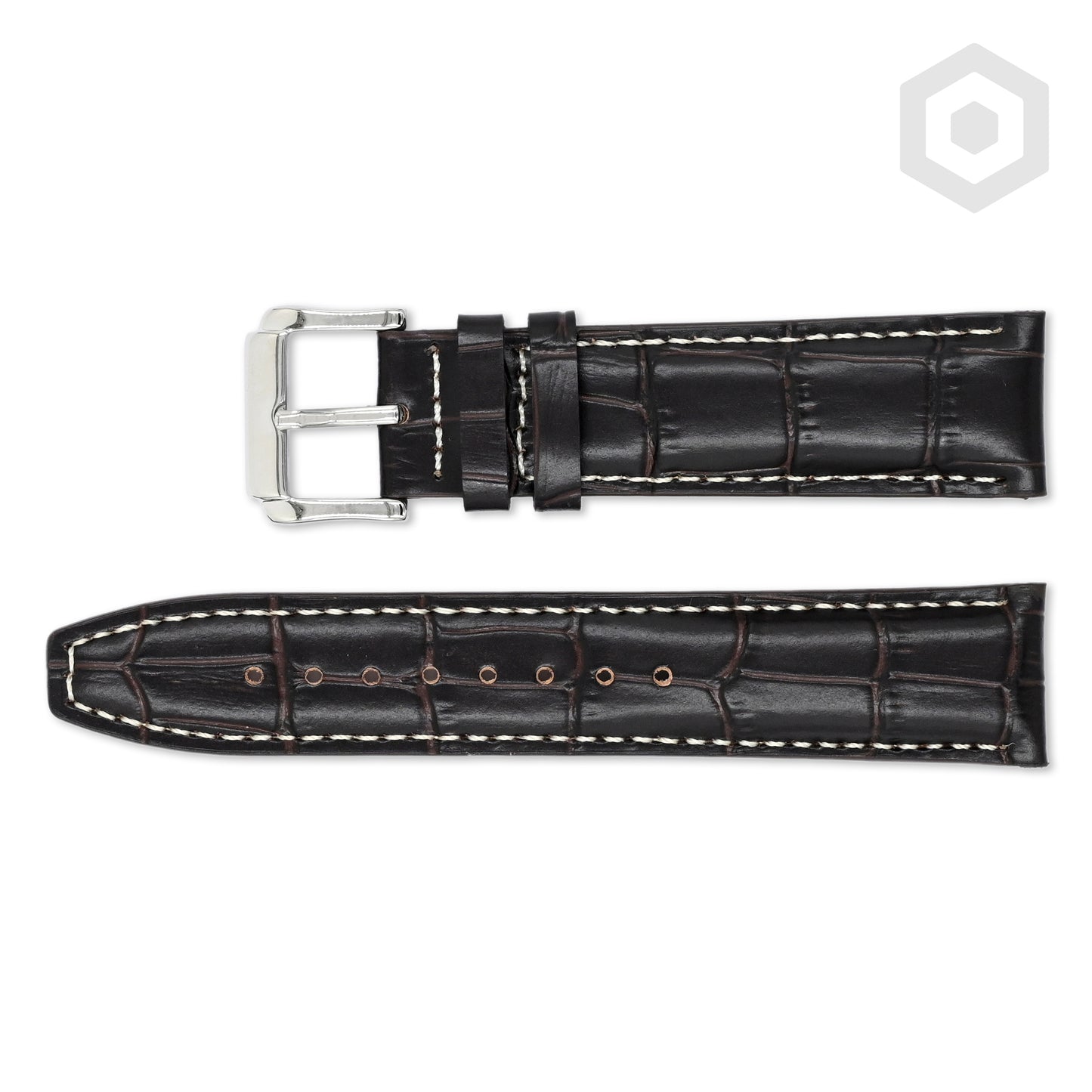 Premium Croco Leather Strap With White Stitch & Solid Buckle (Dark Chocolate)