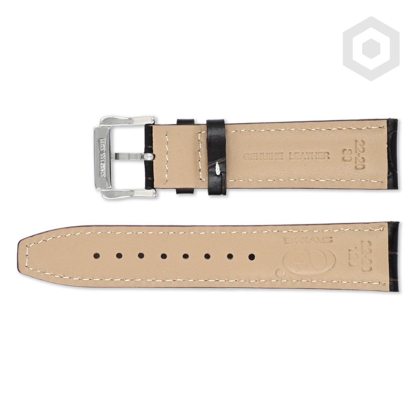 Premium Croco Leather Strap With White Stitch & Solid Buckle (Dark Chocolate)