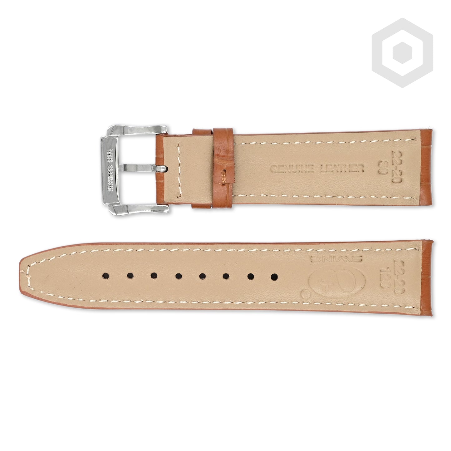 Premium Croco Leather Strap With Tan Stitch & Solid Buckle (Tan)