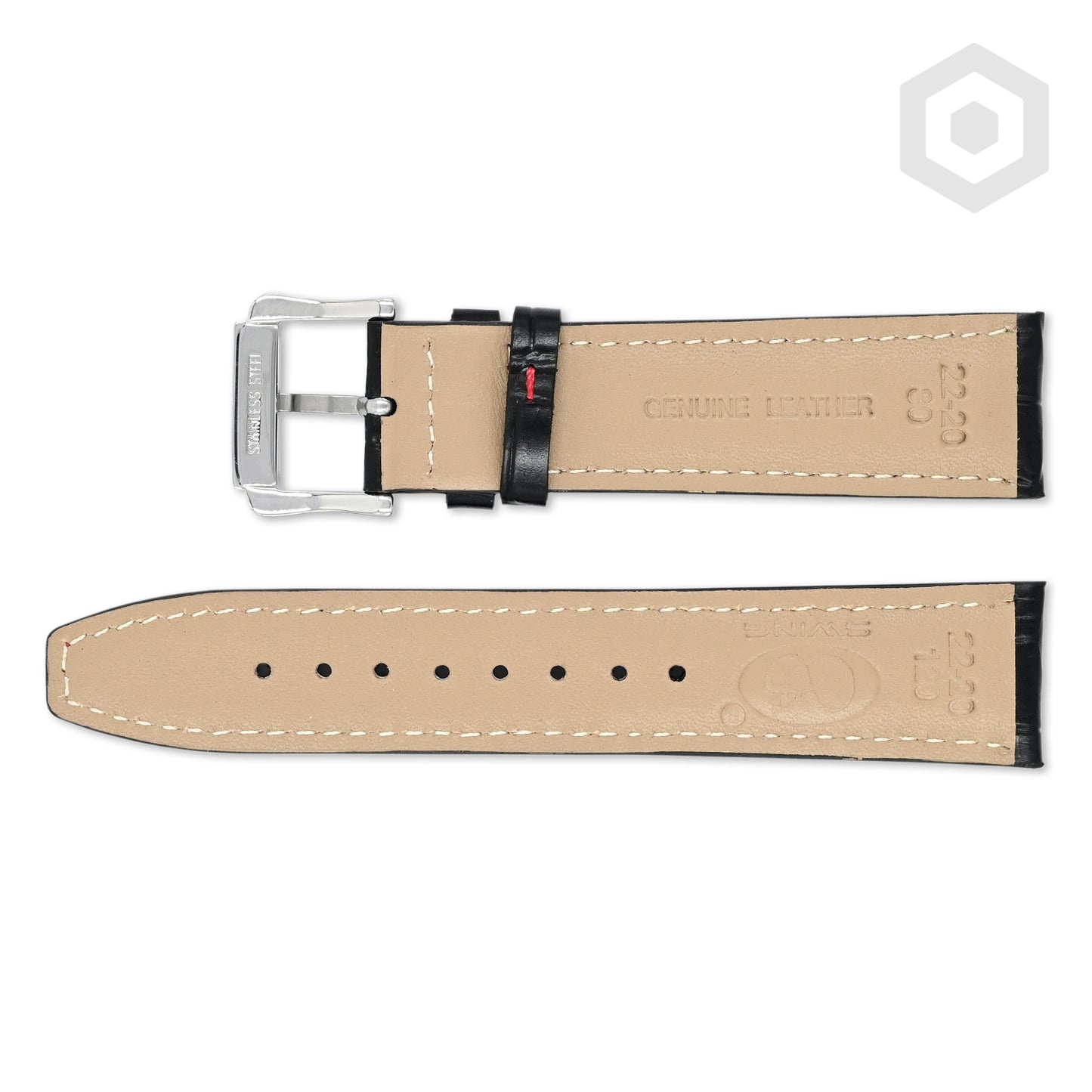 Premium Croco Leather Strap With Red Stitch & Solid Buckle (Black)