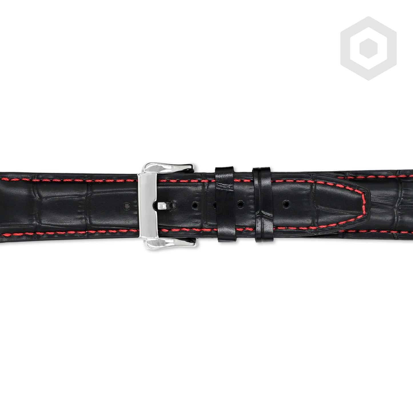 Premium Croco Leather Strap With Red Stitch & Solid Buckle (Black)