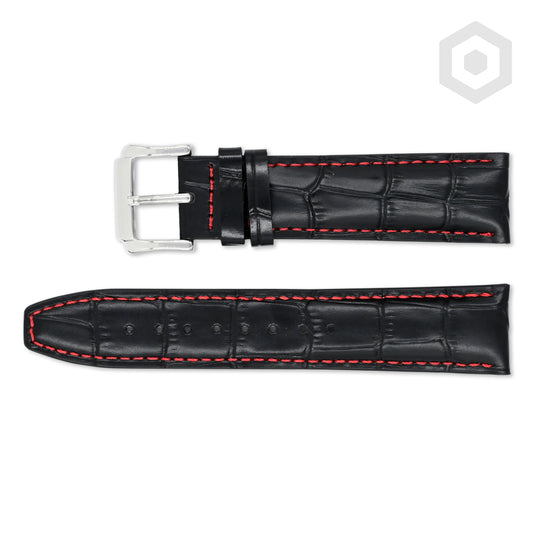 Premium Croco Leather Strap With Red Stitch & Solid Buckle (Black)